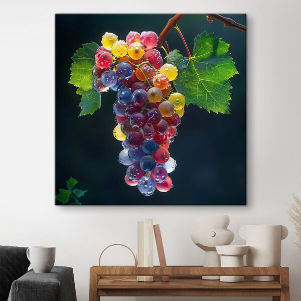 Bunch of colorful grapes with water droplets on them