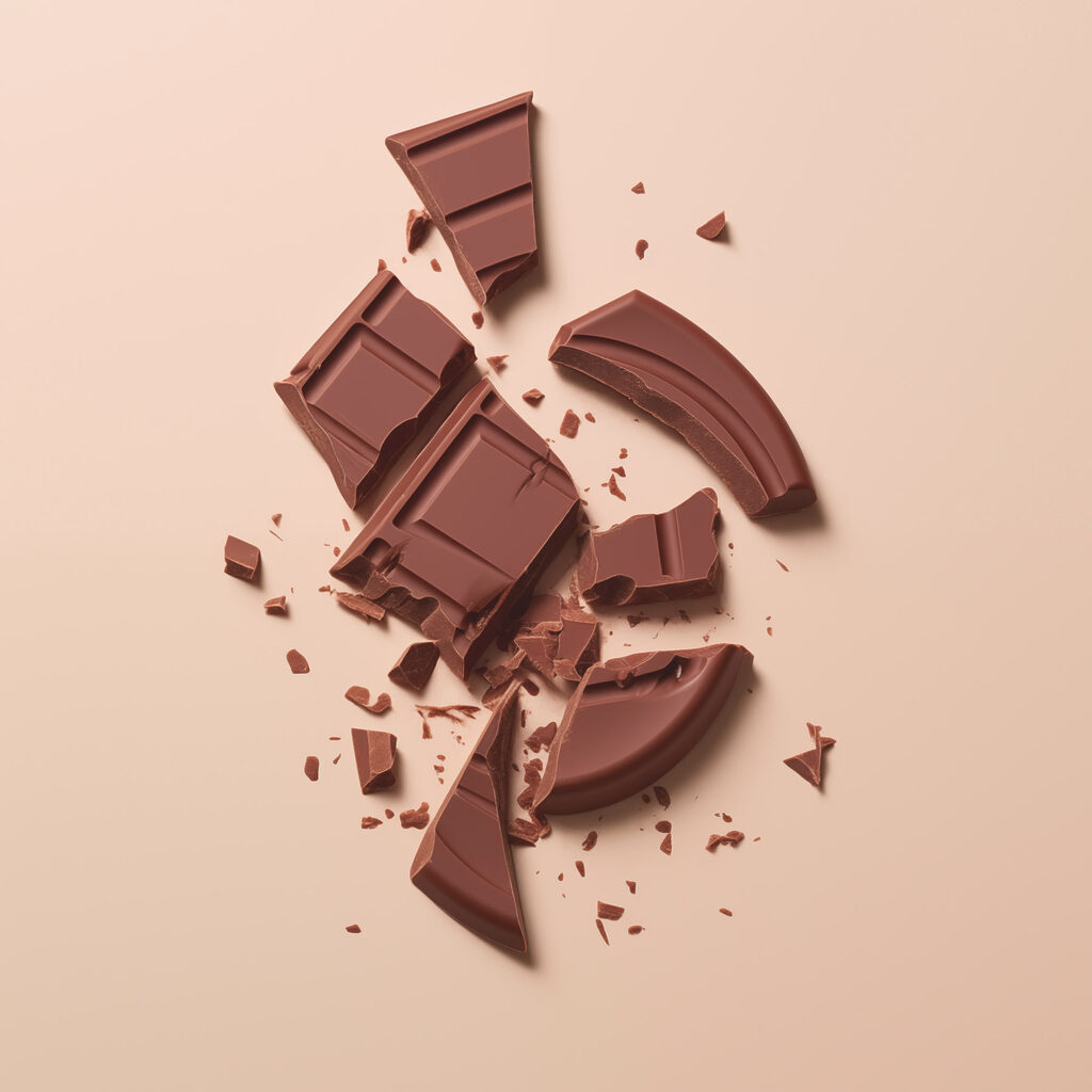 Broken chocolate bar on a pink surface