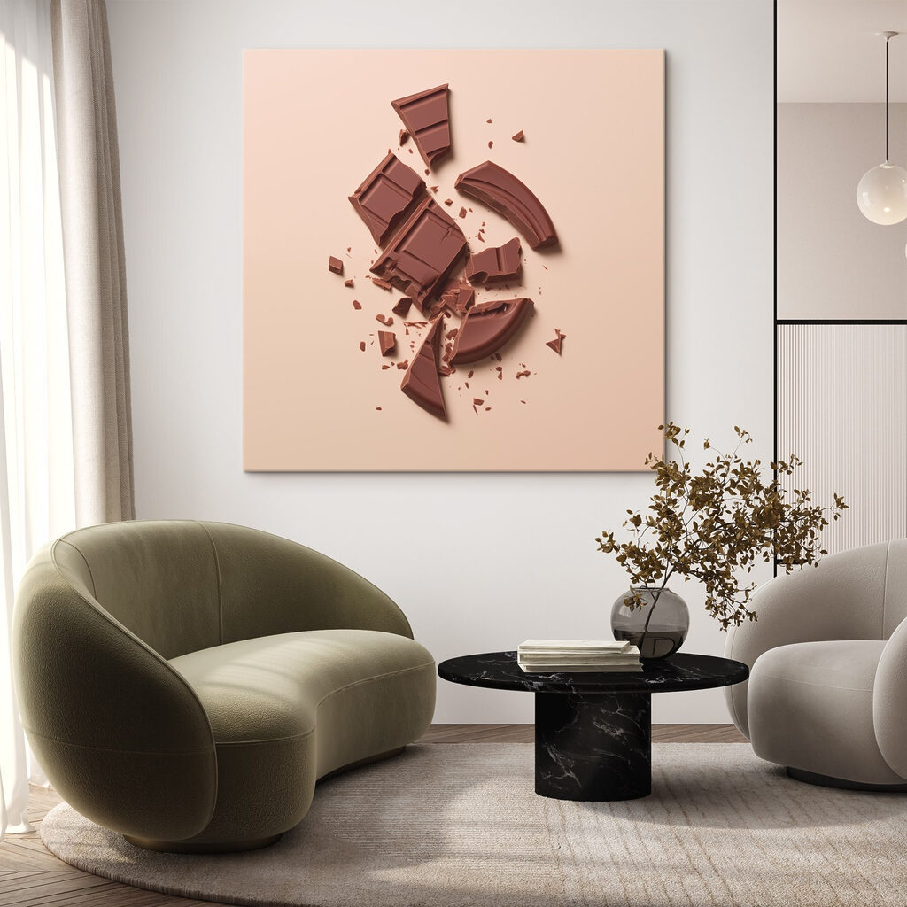 Broken chocolate bar on a pink surface