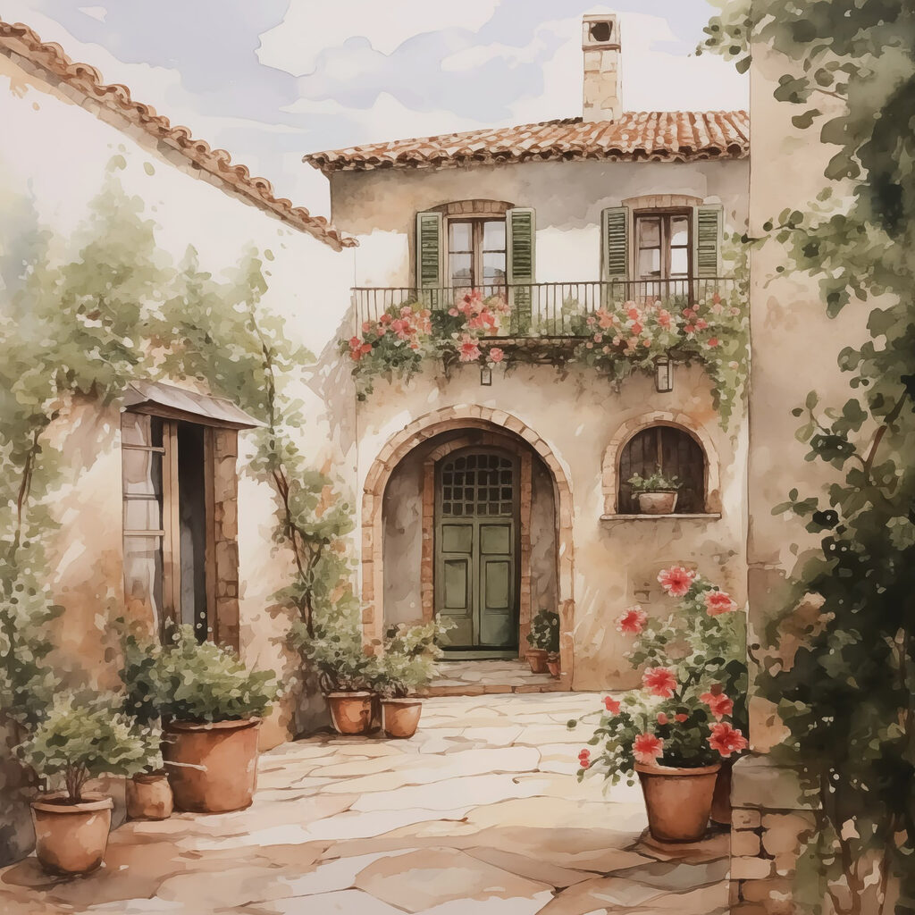 Painting of a house with potted plants