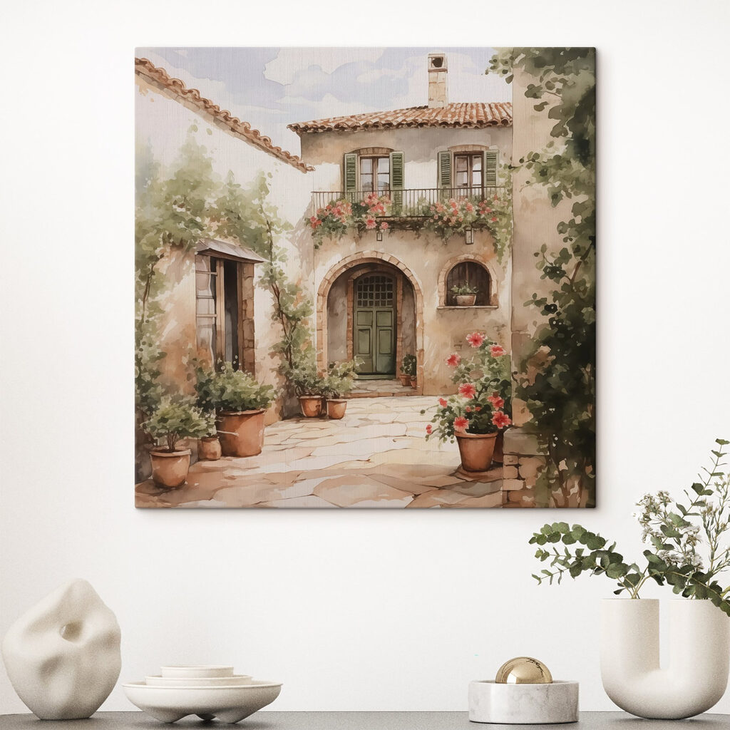 Painting of a house with potted plants