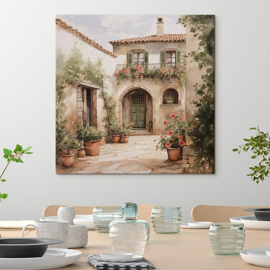 Painting of a house with potted plants