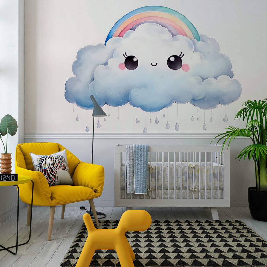 Cartoon of a cloud with a rainbow and raindrops Cartoon of a cloud with a rainbow and raindrops
