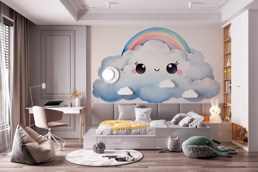 Cartoon of a cloud with a rainbow and raindrops Cartoon of a cloud with a rainbow and raindrops