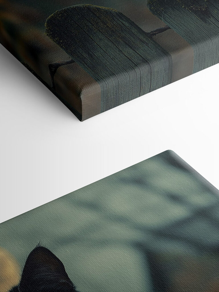 Black cat with yellow eyes behind a fence