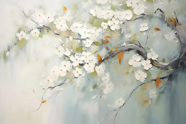 Painting of a tree branch with white flowers
