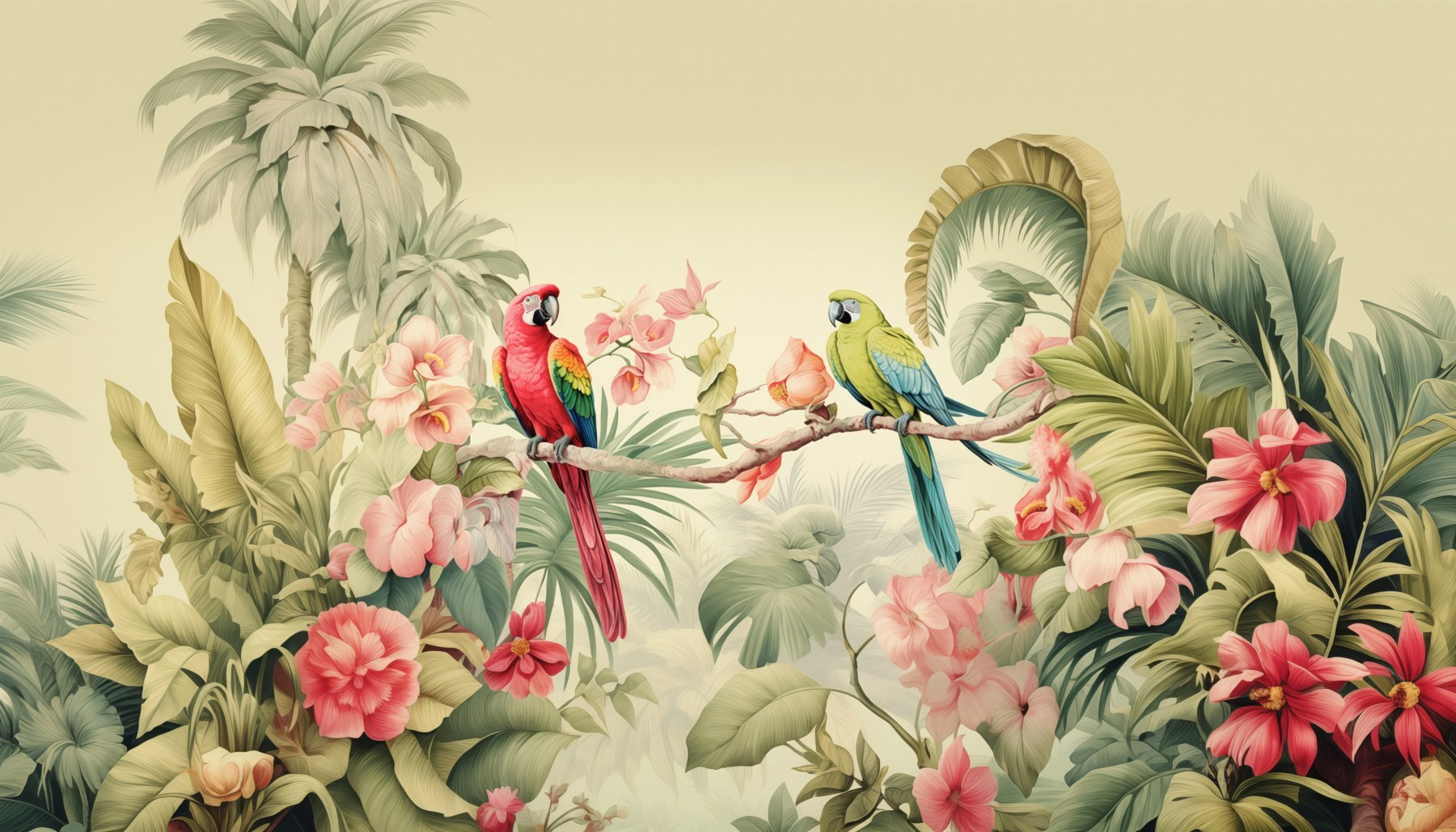 Couple of parrots on a branch with flowers