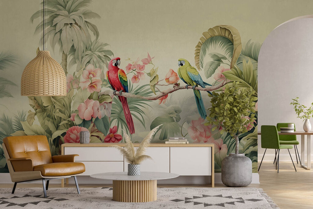 Couple of parrots on a branch with flowers