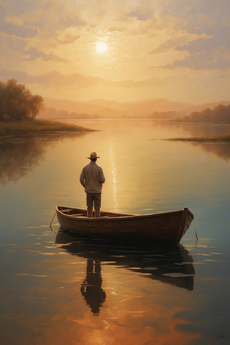 Bărbat în picioare într-o barcă pe un lac