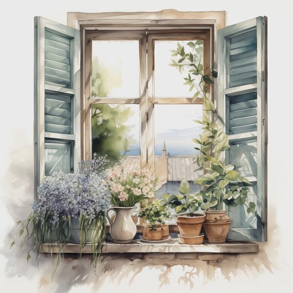 Pictura acuarelă a unei ferestre cu plante în ghiveci Pictura acuarelă a unei ferestre cu plante în ghiveci
