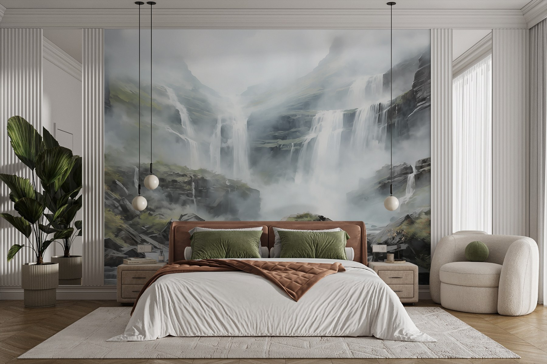 Waterfall in foggy mountains