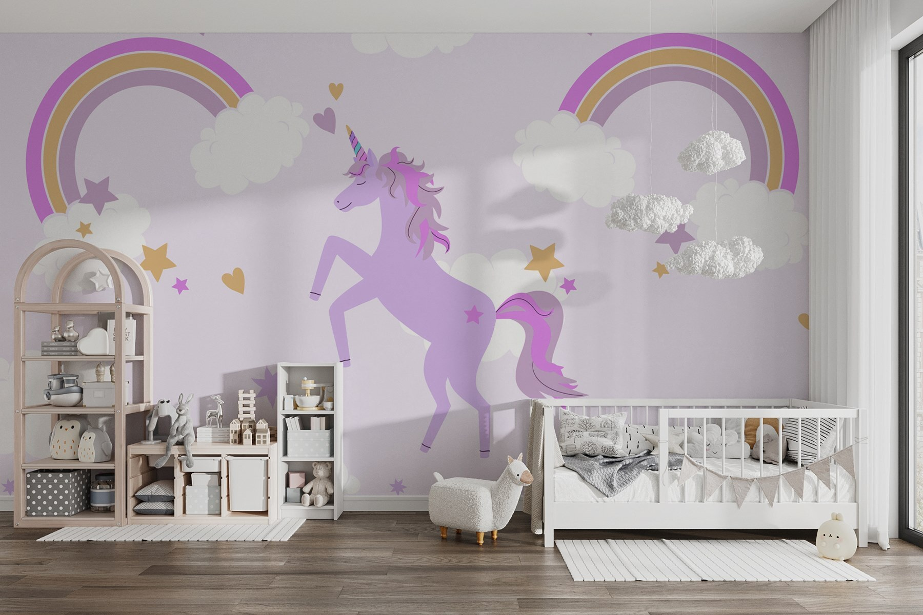 Purple unicorn with stars and rainbows