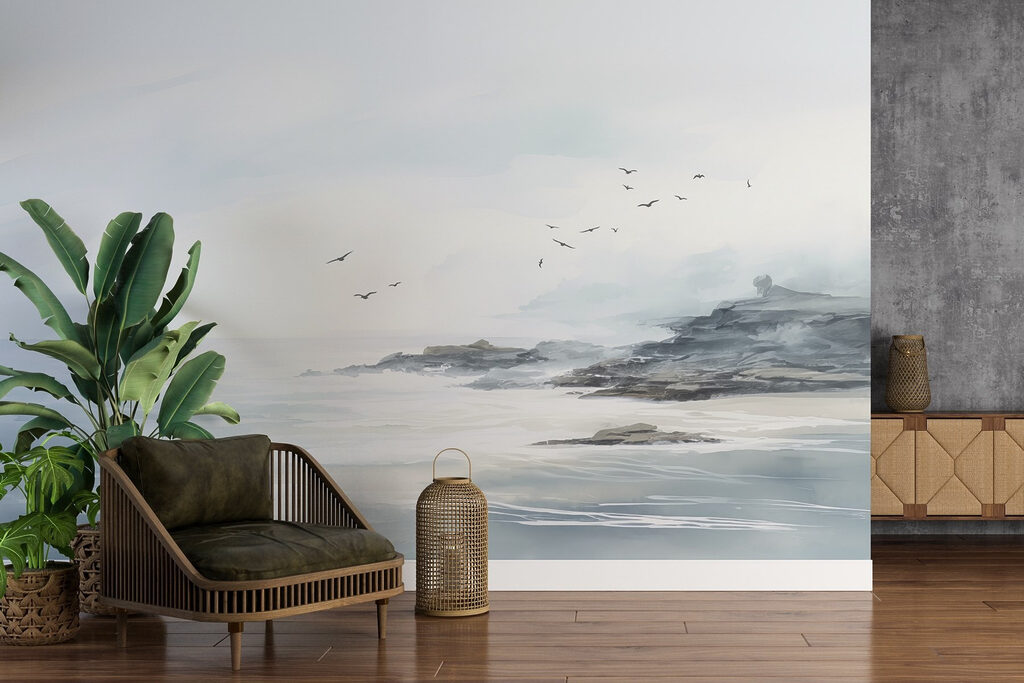 Birds flying over a rocky beach