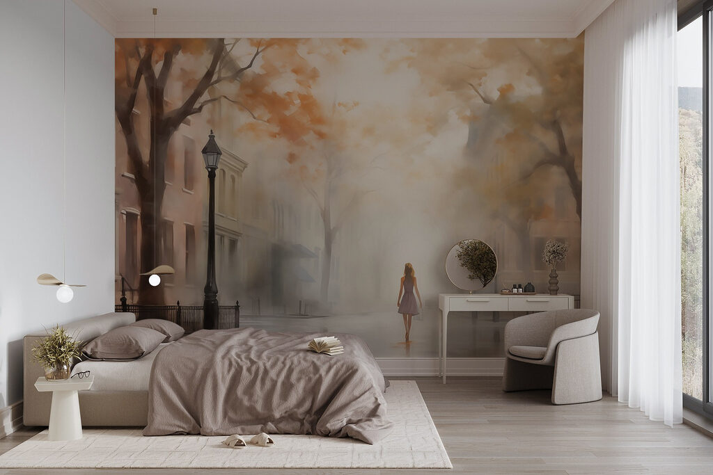 Woman walking down a street in the fog Woman walking down a street in the fog