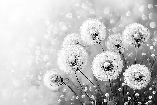 Group of dandelions in black and white