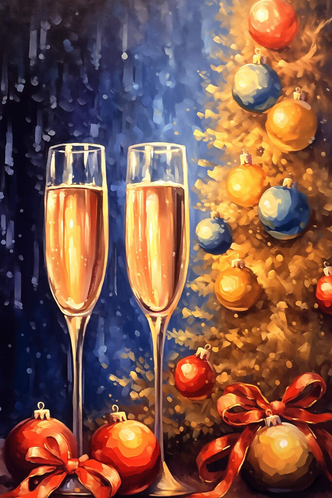 Painting of two champagne glasses next to a christmas tree