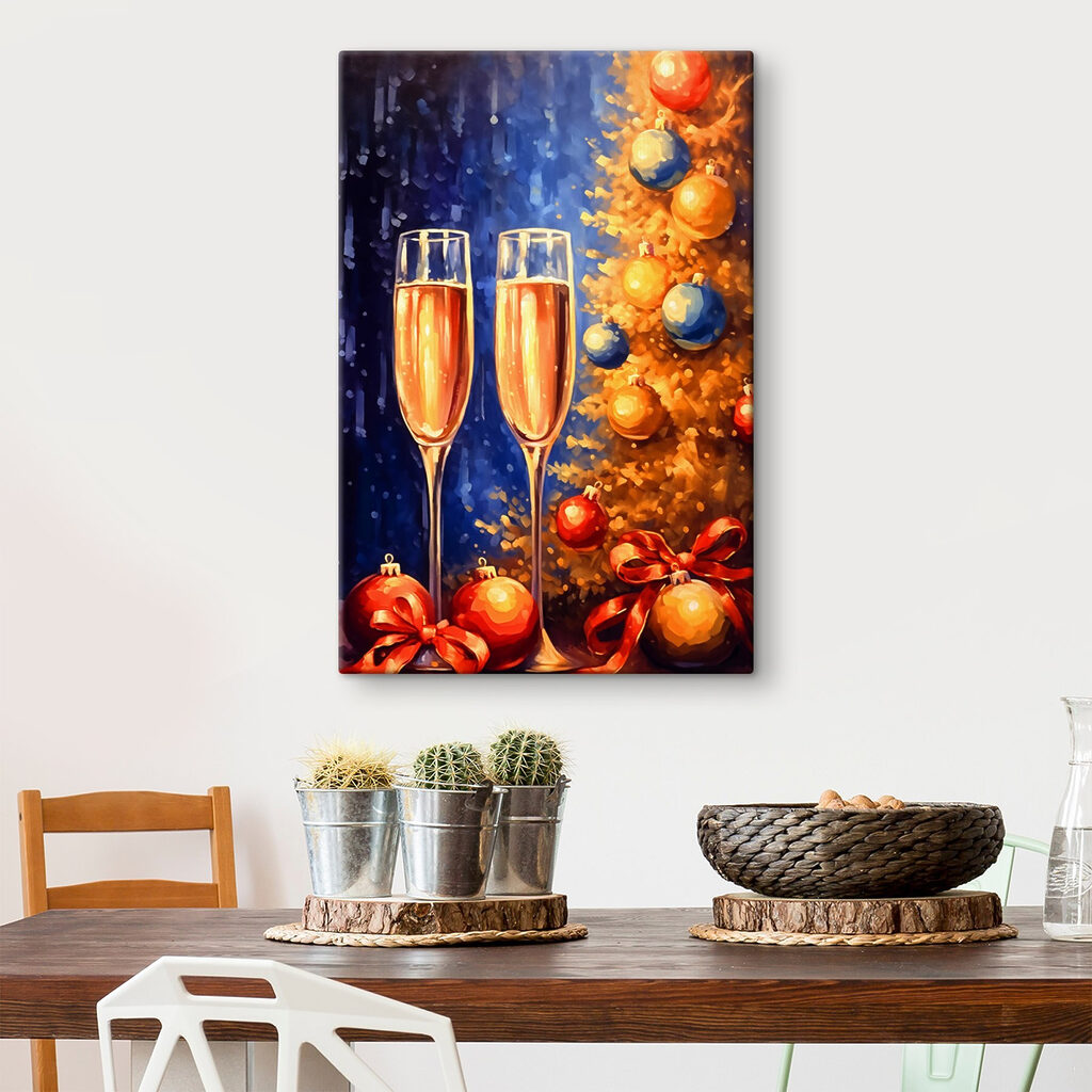 Painting of two champagne glasses next to a christmas tree