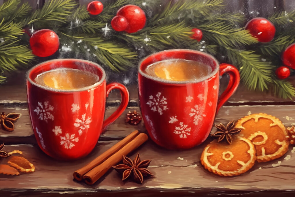 Painting of two red mugs with white patterns and cinnamon sticks and anise stars Painting of two red mugs with white patterns and cinnamon sticks and anise stars