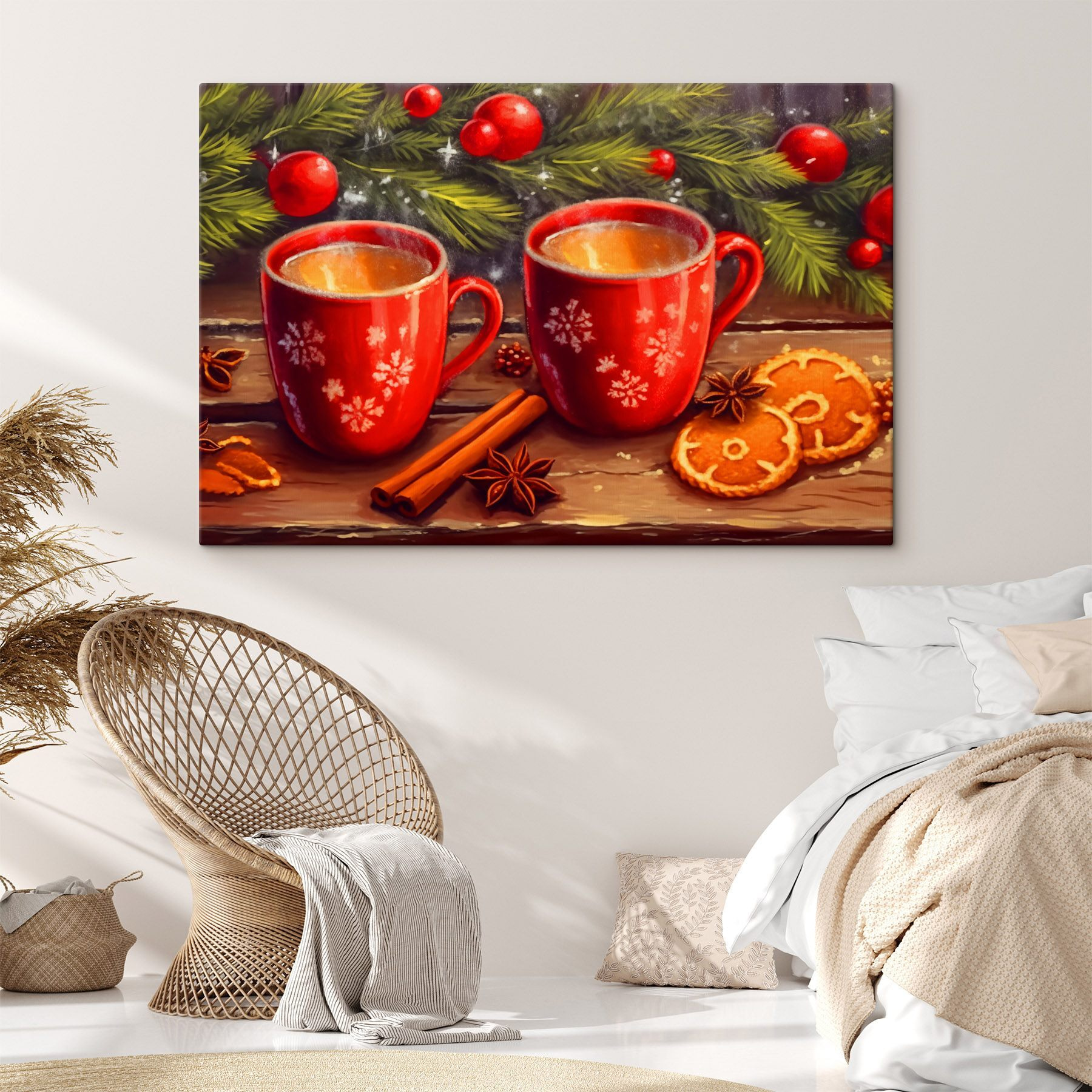 Painting of two red mugs with white patterns and cinnamon sticks and anise stars Painting of two red mugs with white patterns and cinnamon sticks and anise stars