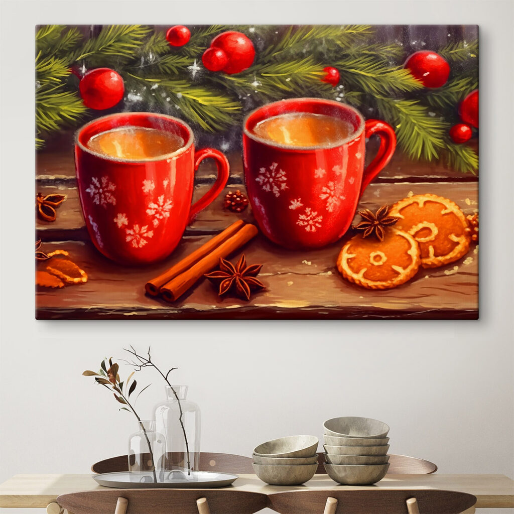 Painting of two red mugs with white patterns and cinnamon sticks and anise stars Painting of two red mugs with white patterns and cinnamon sticks and anise stars