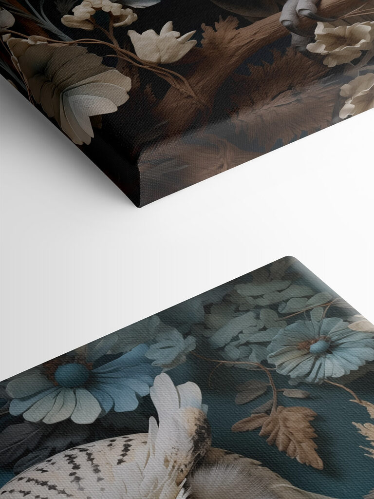 White owl with yellow eyes and a blue background with flowers