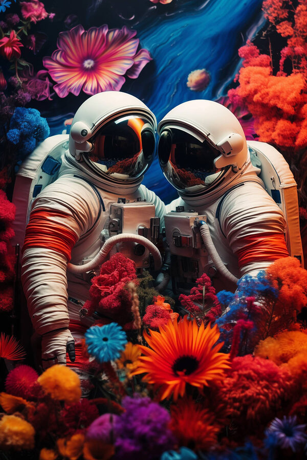 Doi astronauți în costume spațiale și flori Doi astronauți în costume spațiale și flori