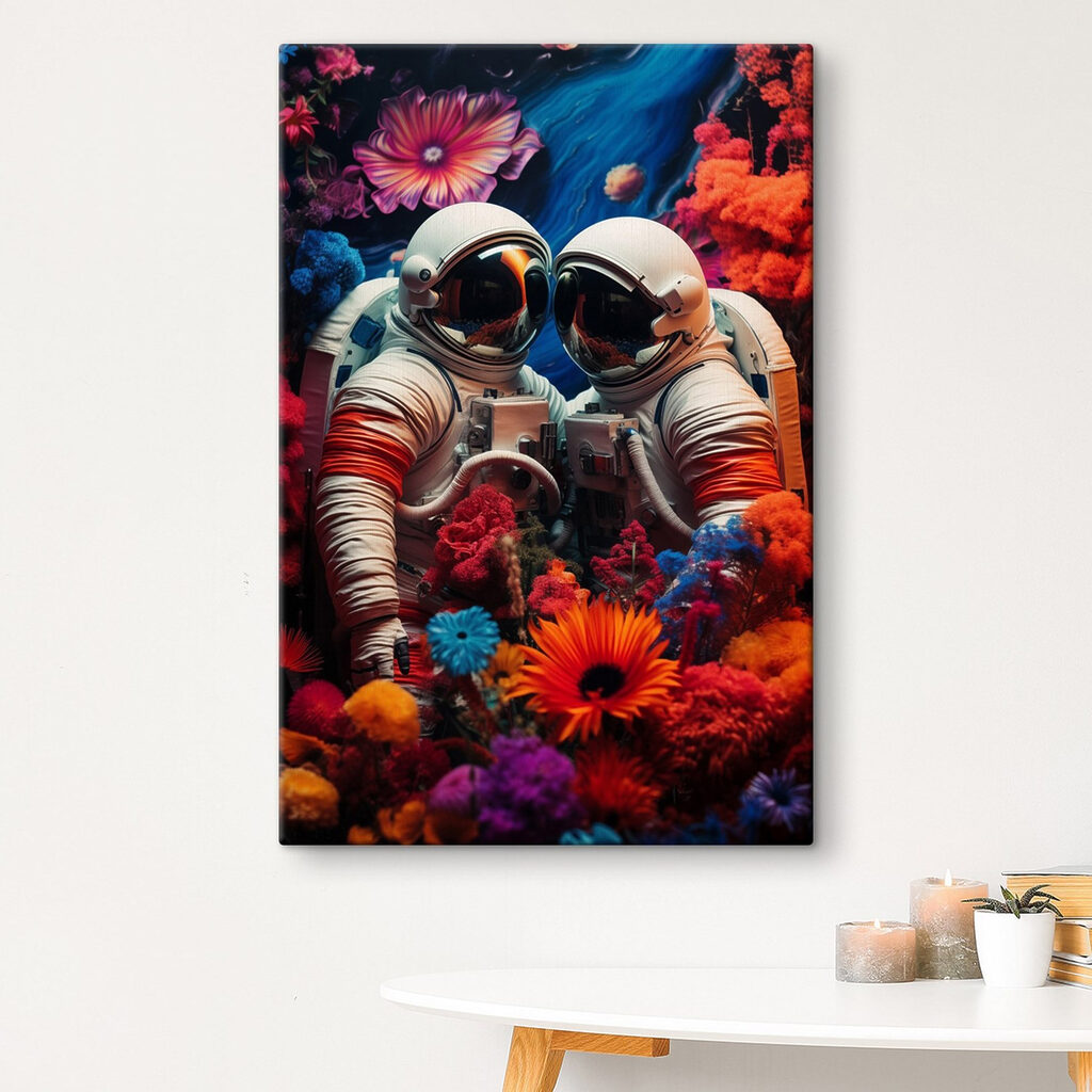 Two astronauts in space suits and flowers