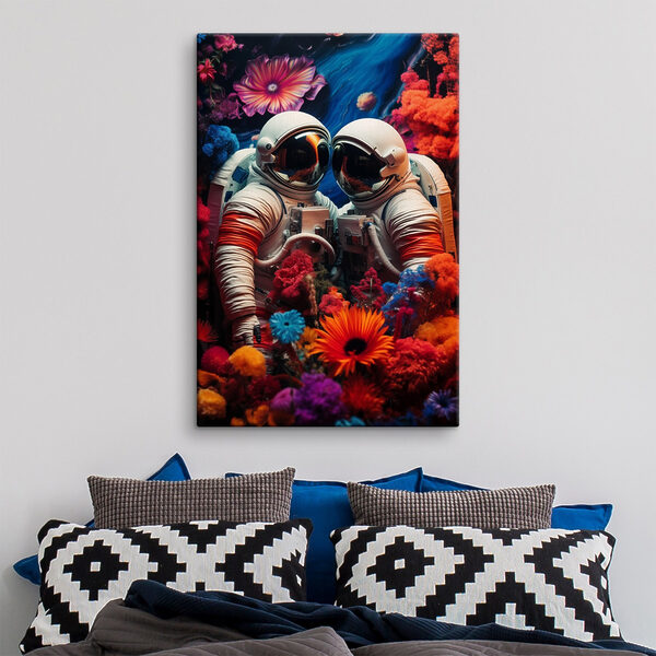 Doi astronauți în costume spațiale și flori Doi astronauți în costume spațiale și flori