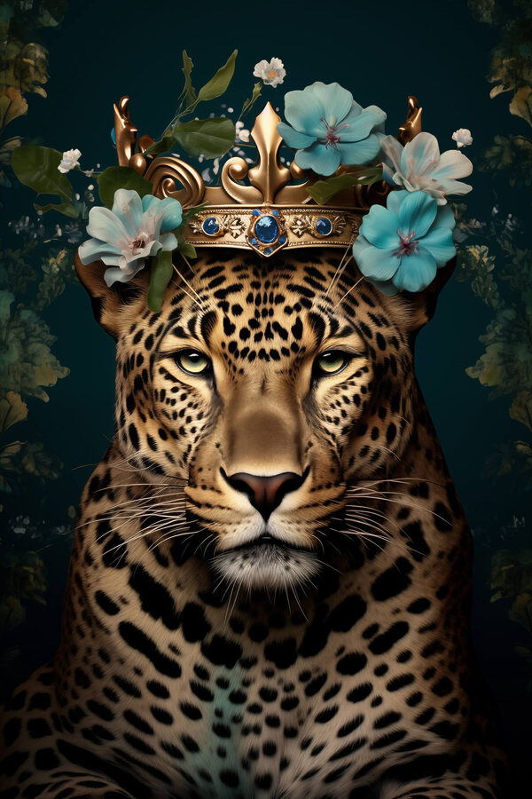 Leopard cu o coroană și flori Leopard cu o coroană și flori