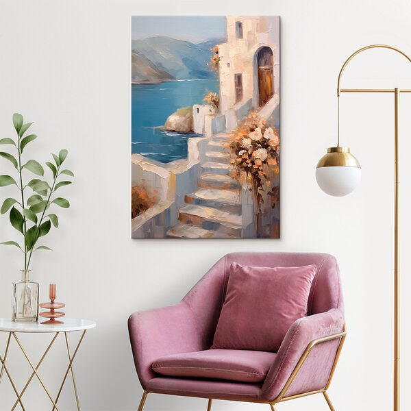 Painting of a house with flowers on the stairs