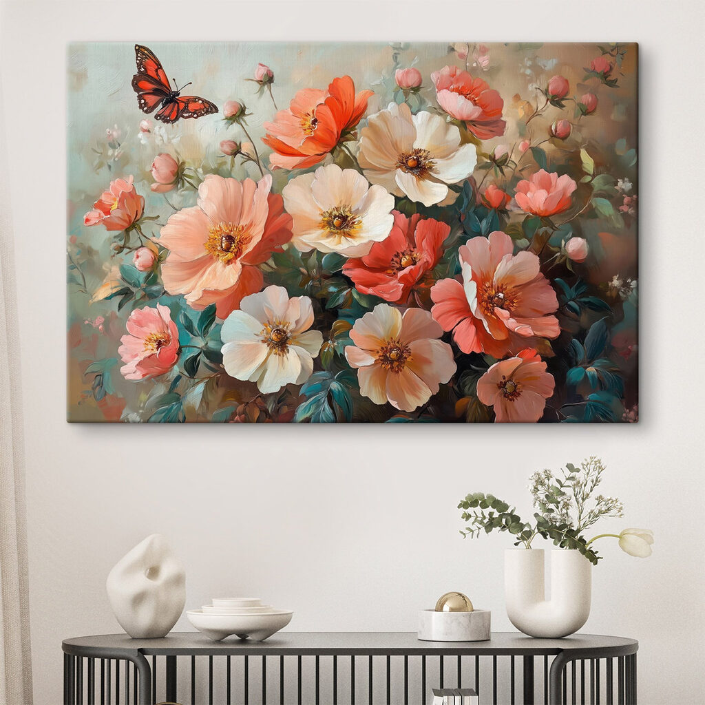 Butterfly flying over a bouquet of flowers Butterfly flying over a bouquet of flowers
