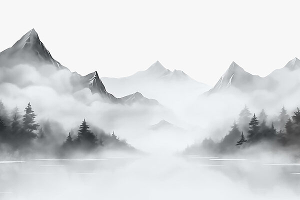 Foggy peisaj montan cu copaci și munți Foggy peisaj montan cu copaci și munți
