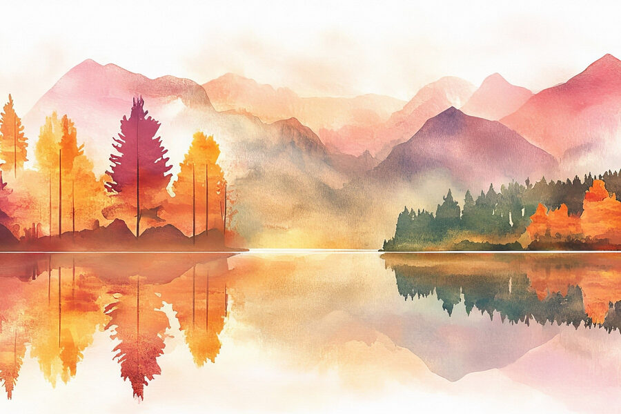 Pictura acuarelă a unui lac cu copaci și munți în fundal
