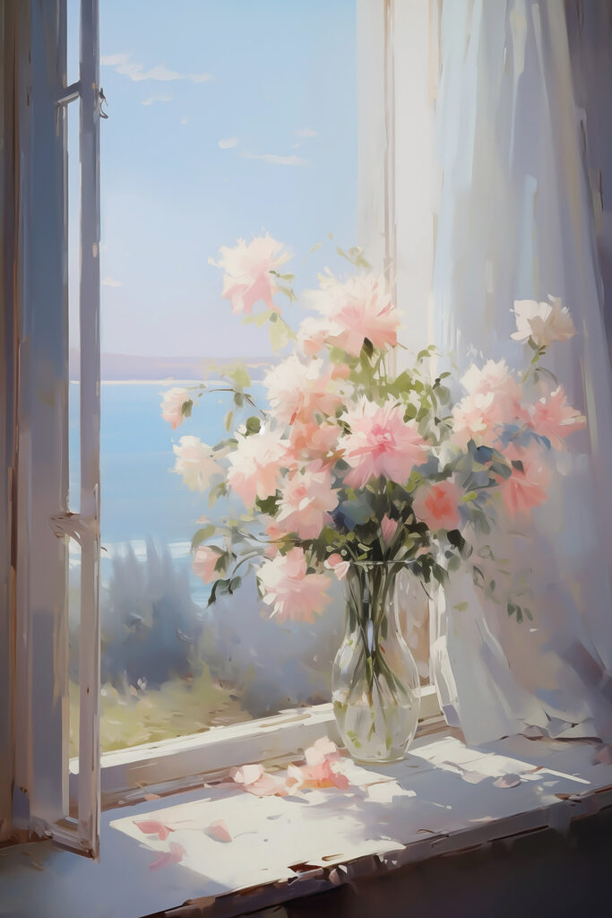 Vase of flowers in front of a window