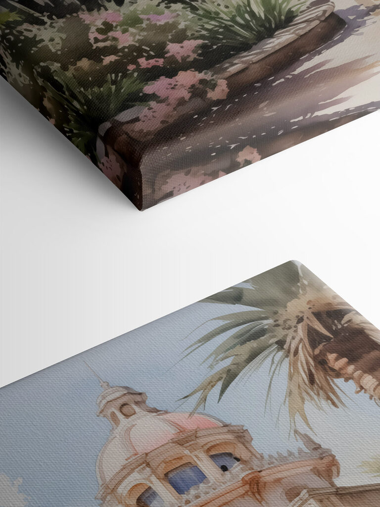 Watercolor painting of a building with a tower and stairs