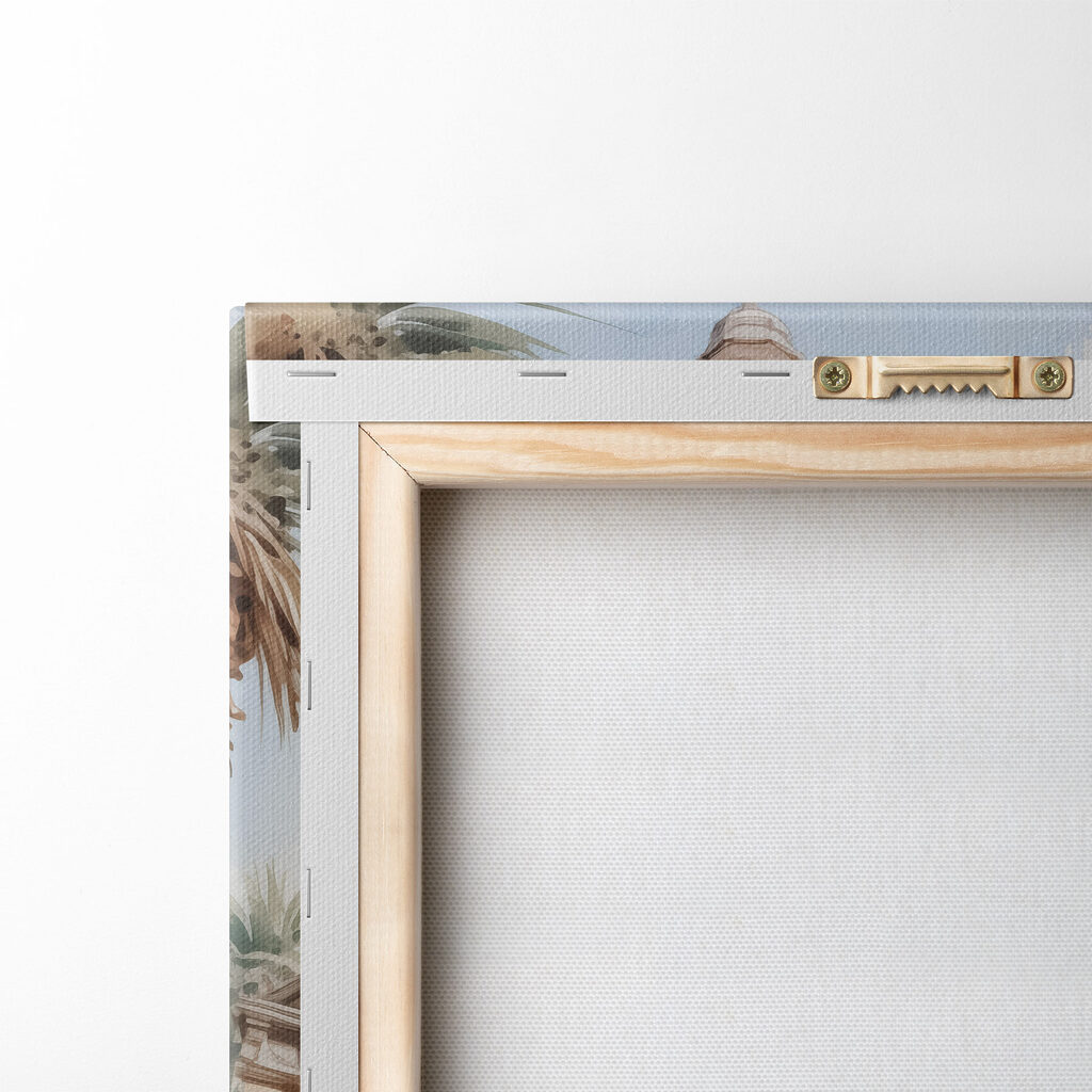 Watercolor painting of a building with a tower and stairs