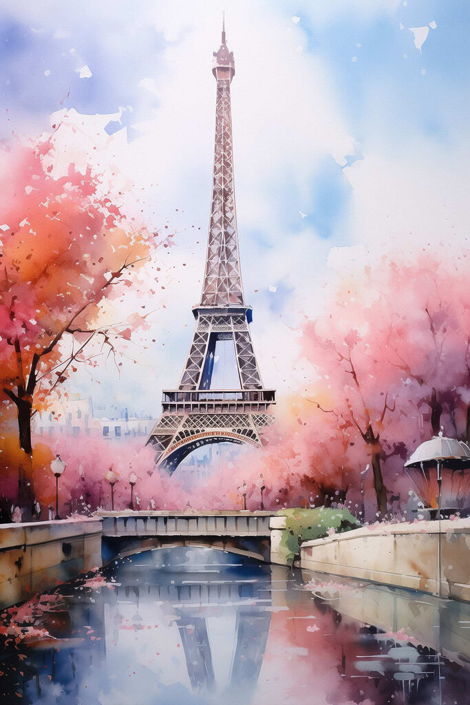 Watercolor painting of a tower with pink flowers and a bridge