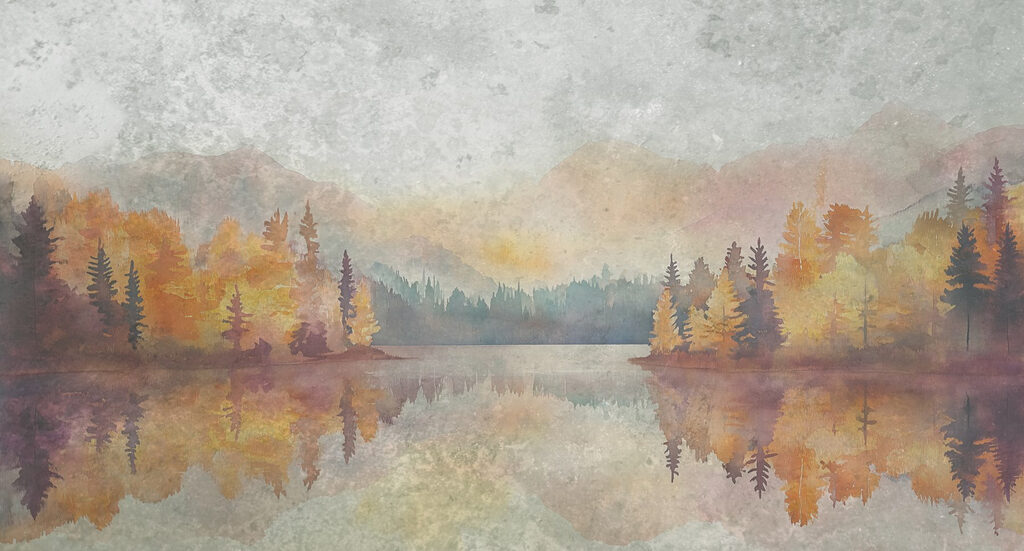 Pictura acuarelă a unui lac cu copaci și munți Pictura acuarelă a unui lac cu copaci și munți