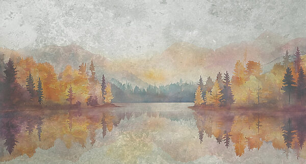 Pictura acuarelă a unui lac cu copaci și munți Pictura acuarelă a unui lac cu copaci și munți