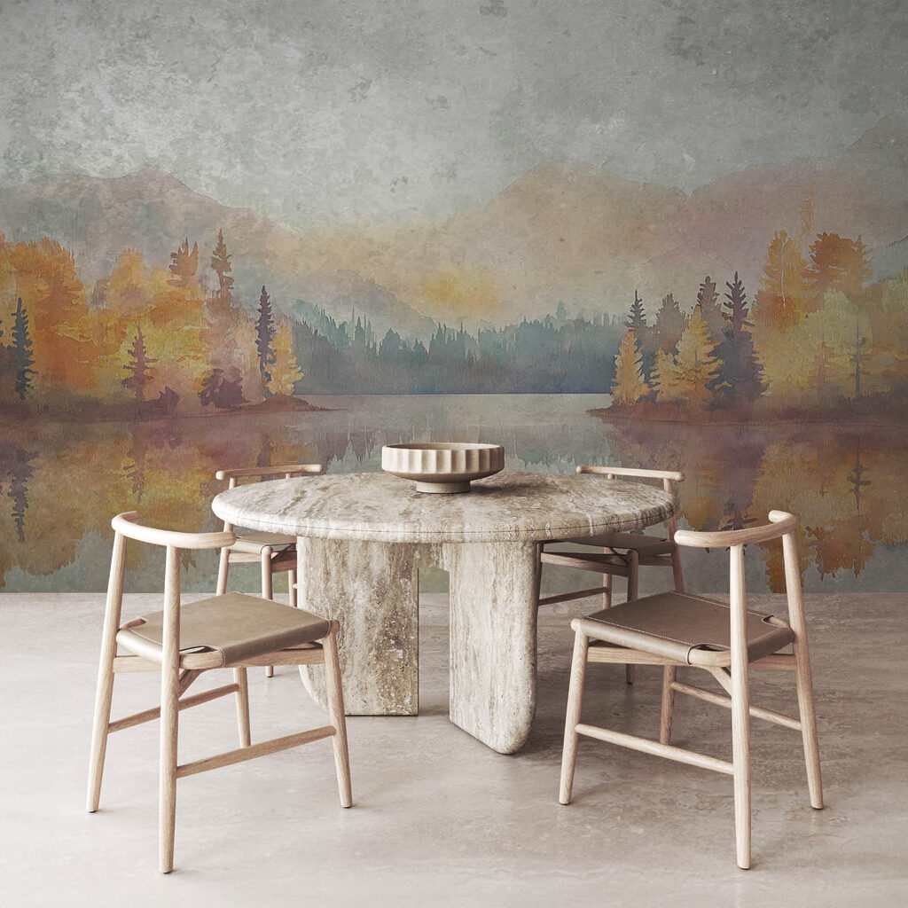 Watercolor painting of a lake with trees and mountains