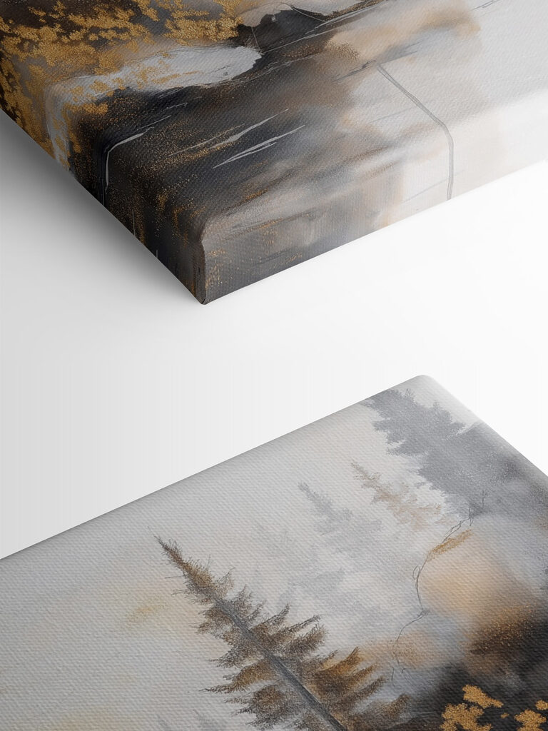 Watercolor painting of a river with trees and fog Watercolor painting of a river with trees and fog