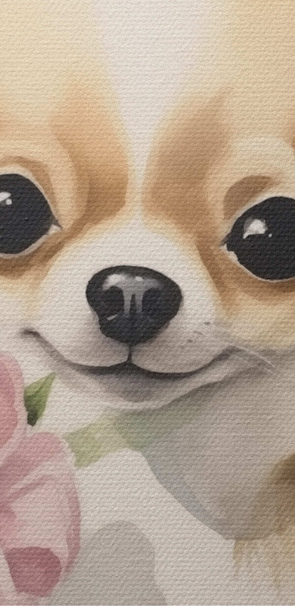 Pictura de un câine care deține o floare Pictura de un câine care deține o floare