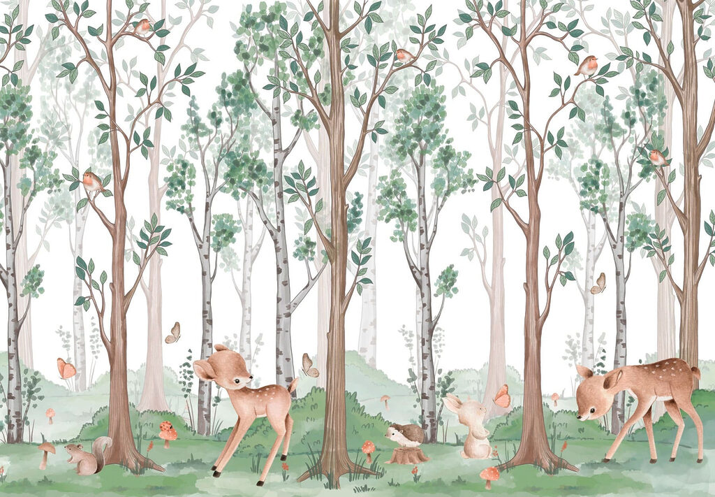 Wallpaper cu o pădure de copaci și animale Wallpaper cu o pădure de copaci și animale