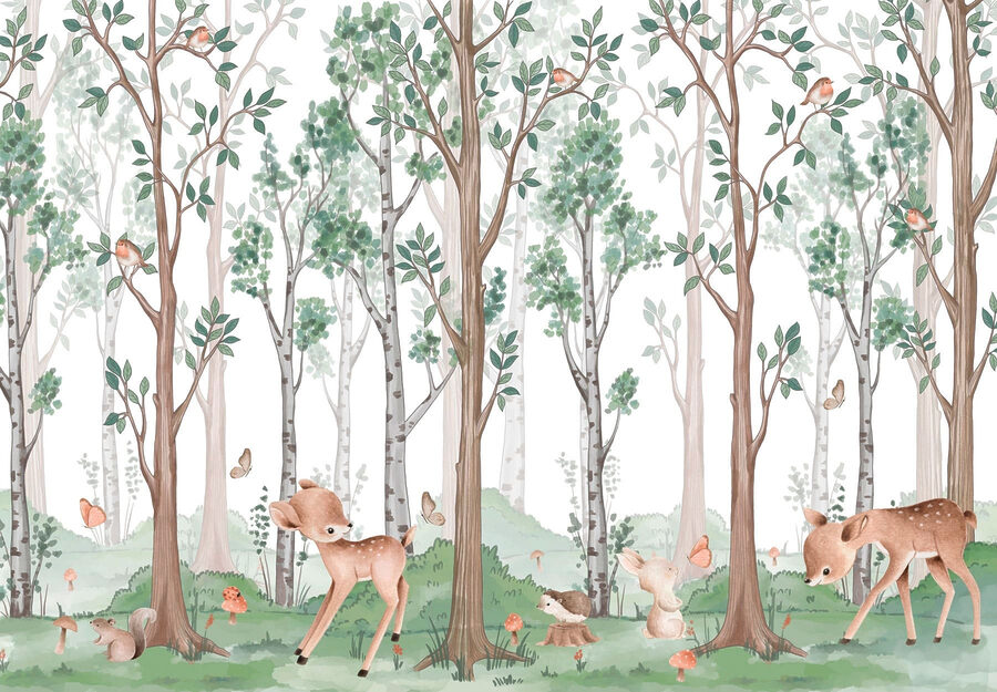 Wallpaper cu o pădure de copaci și animale