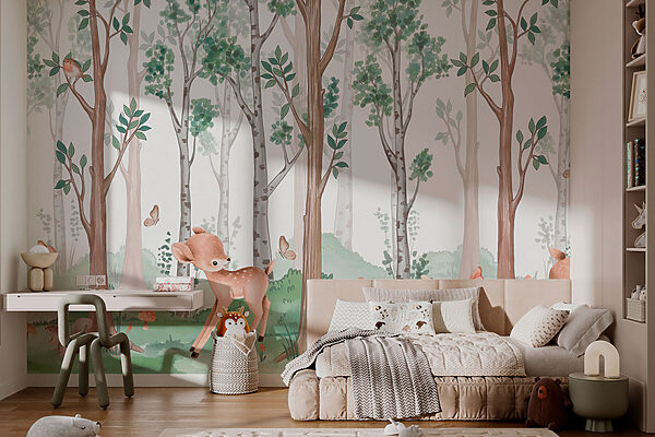 Wallpaper cu o pădure de copaci și animale Wallpaper cu o pădure de copaci și animale