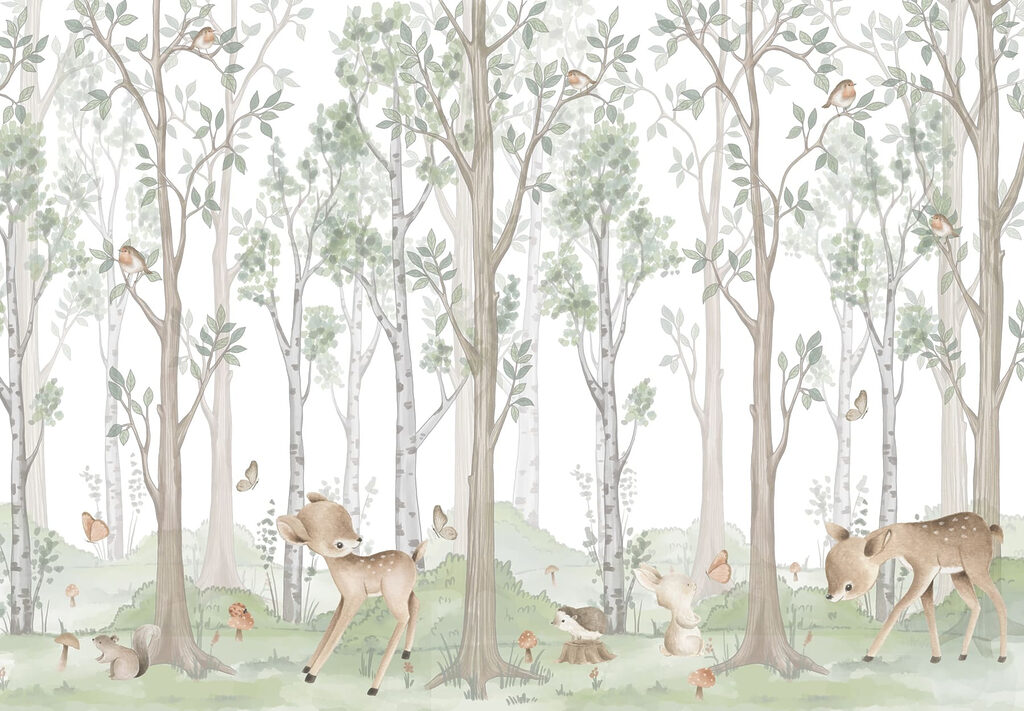 Wallpaper cu o pădure de copaci și animale Wallpaper cu o pădure de copaci și animale
