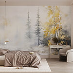 Fototapet Pictura acuarelă a unui râu cu copaci și zăpadă