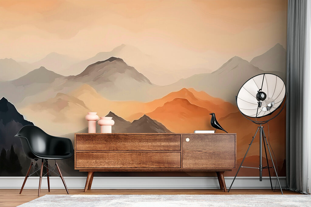 Painting of mountains in the fog