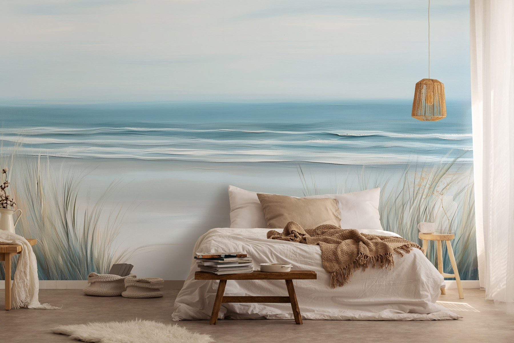 Beach with grass and waves