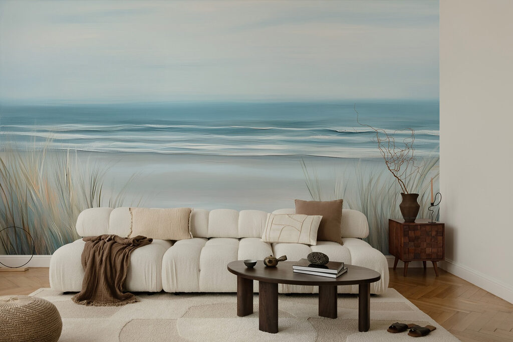 Beach with grass and waves